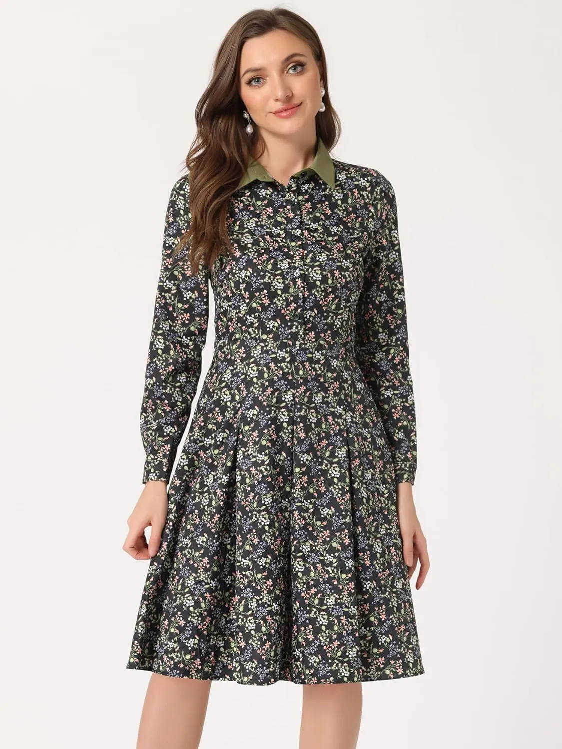 Allegra K Women's Floral Contrast Collar Belted Long Sleeve Retro Work Office Dress