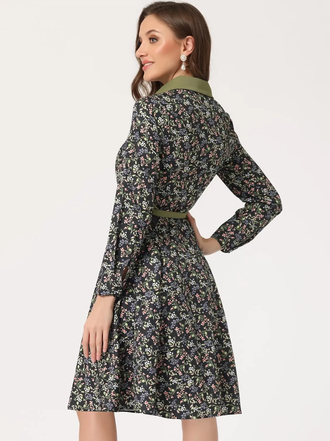 Allegra K Women's Floral Contrast Collar Belted Long Sleeve Retro Work Office Dress