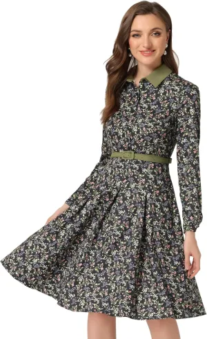 Allegra K Women's Floral Contrast Collar Belted Long Sleeve Retro Work Office Dress