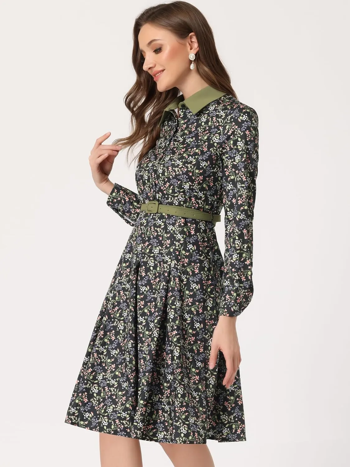Allegra K Women's Floral Contrast Collar Belted Long Sleeve Retro Work Office Dress