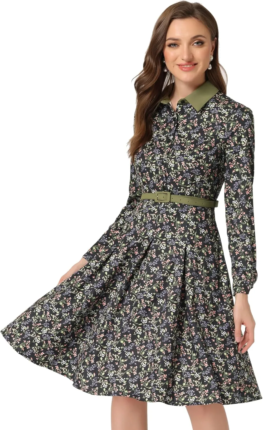 Allegra K Women's Floral Contrast Collar Belted Long Sleeve Retro Work Office Dress