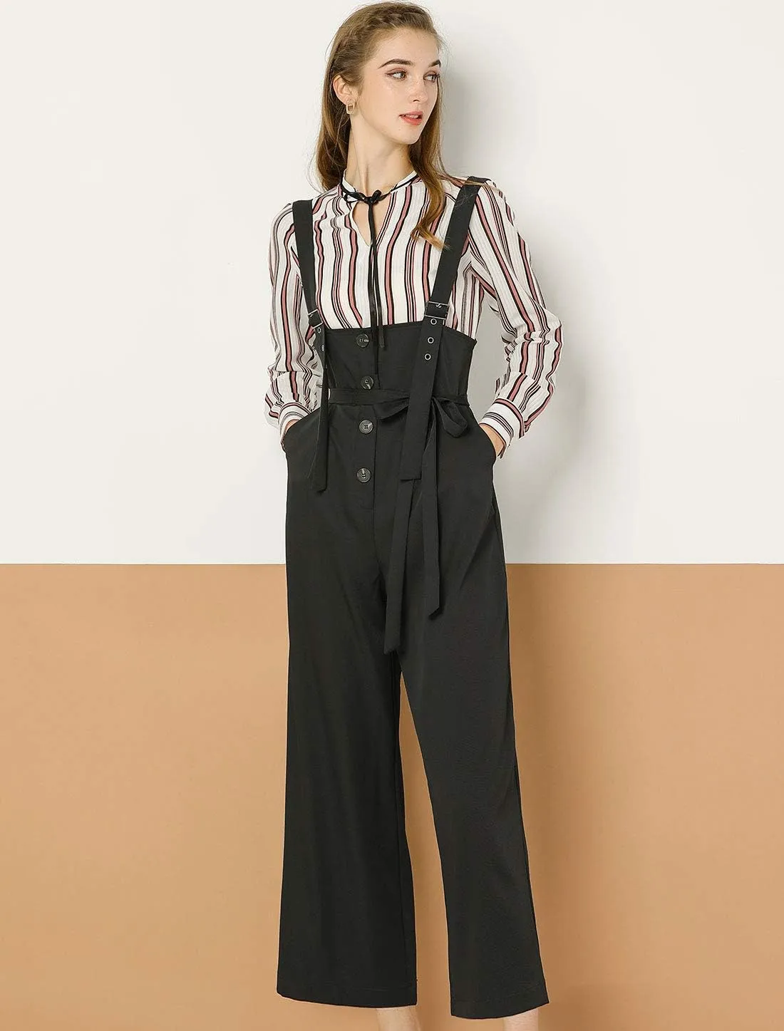 Allegra K Women's Wide Leg Overalls Loose Fit Belted High Waist Suspenders Jumpsuits