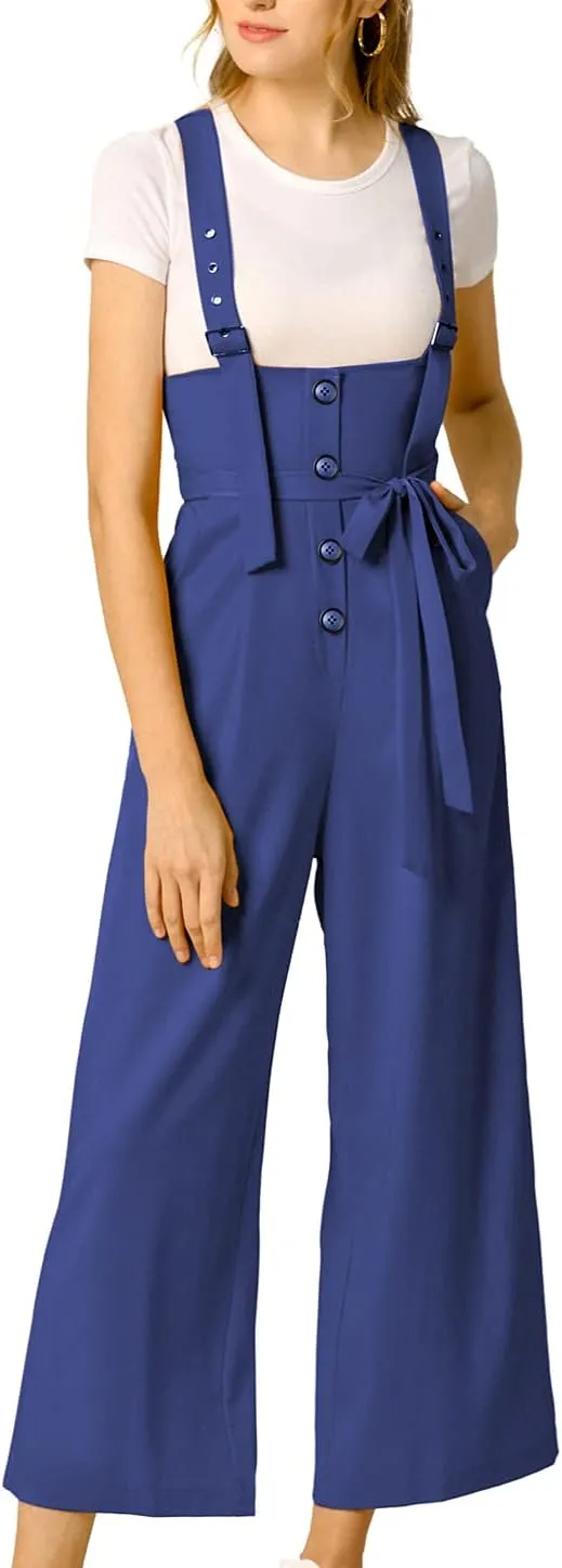 Allegra K Women's Wide Leg Overalls Loose Fit Belted High Waist Suspenders Jumpsuits