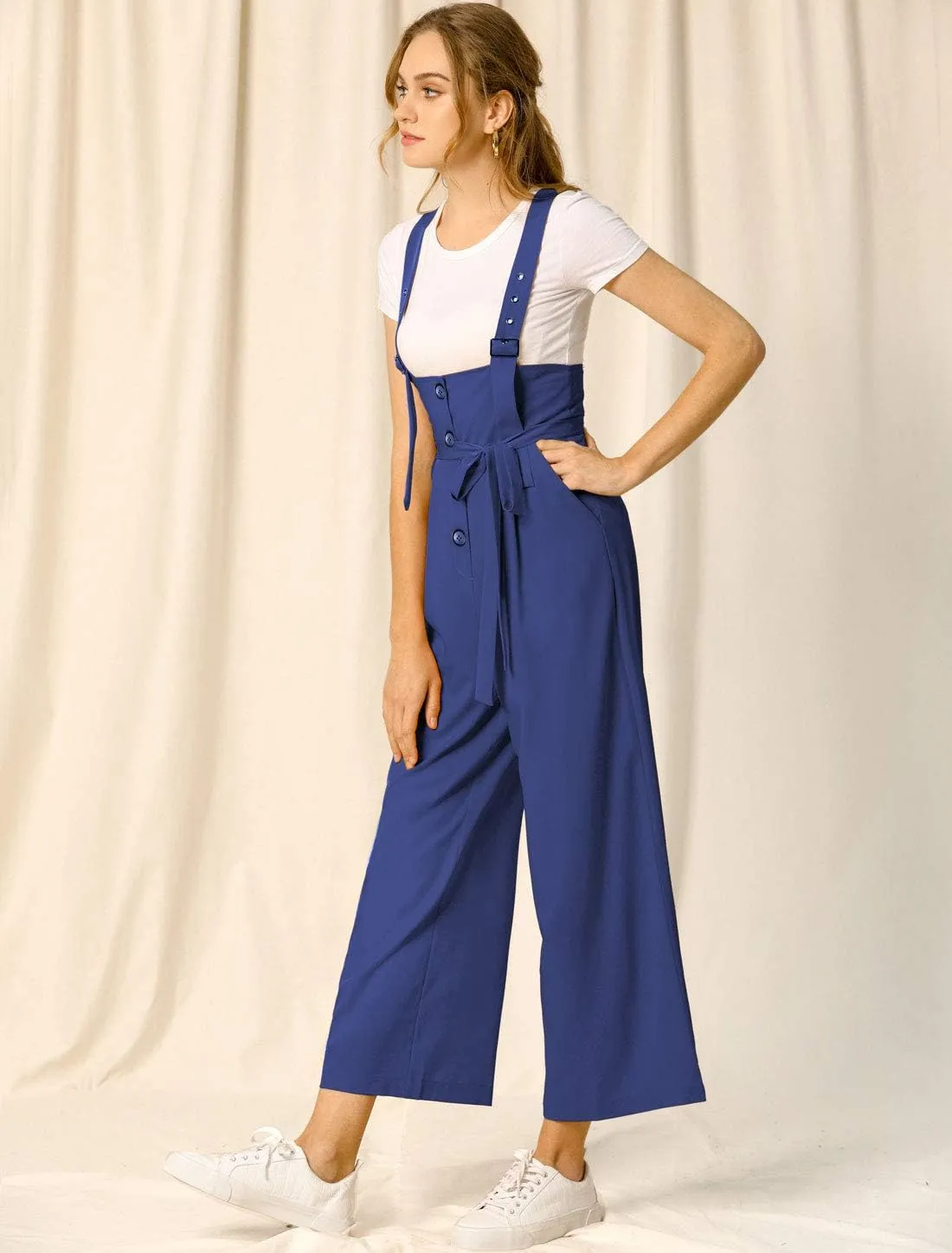 Allegra K Women's Wide Leg Overalls Loose Fit Belted High Waist Suspenders Jumpsuits