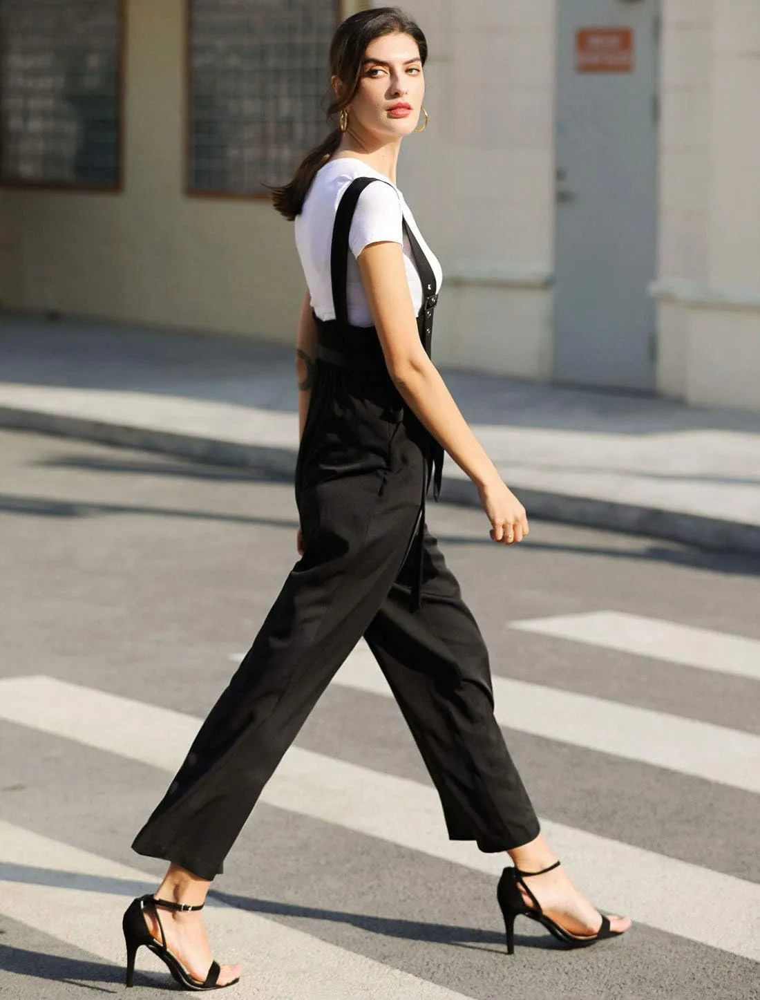Allegra K Women's Wide Leg Overalls Loose Fit Belted High Waist Suspenders Jumpsuits