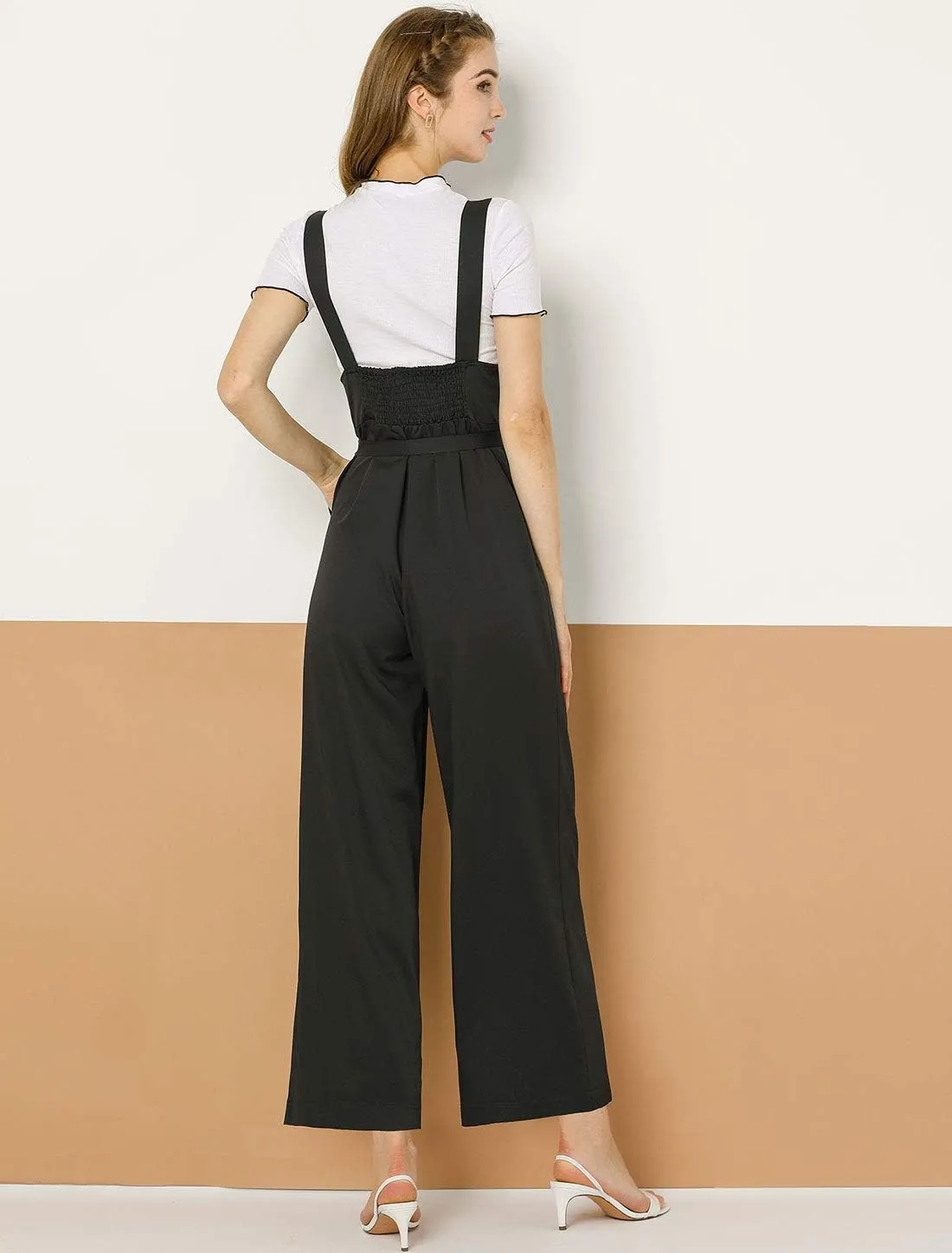 Allegra K Women's Wide Leg Overalls Loose Fit Belted High Waist Suspenders Jumpsuits