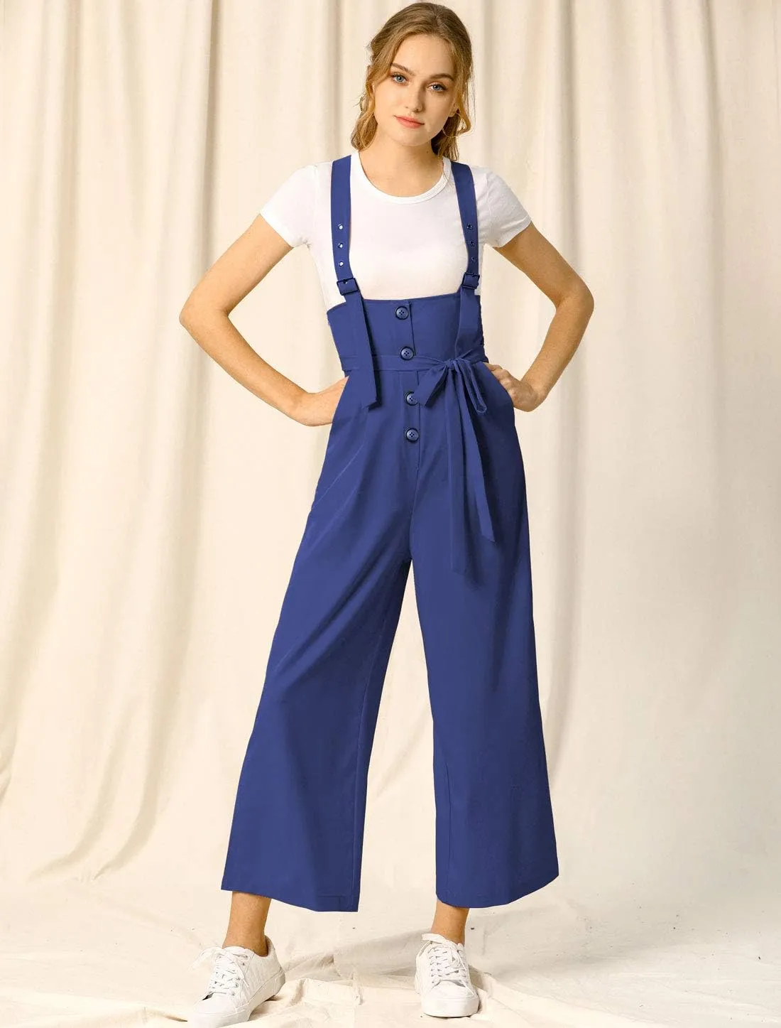 Allegra K Women's Wide Leg Overalls Loose Fit Belted High Waist Suspenders Jumpsuits