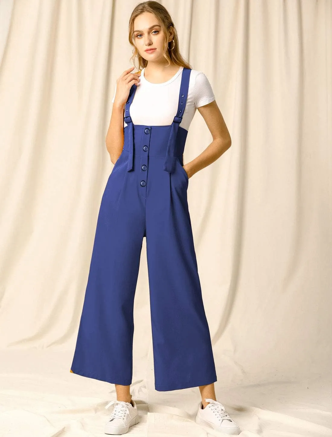Allegra K Women's Wide Leg Overalls Loose Fit Belted High Waist Suspenders Jumpsuits