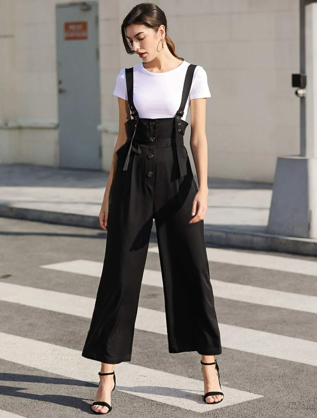 Allegra K Women's Wide Leg Overalls Loose Fit Belted High Waist Suspenders Jumpsuits
