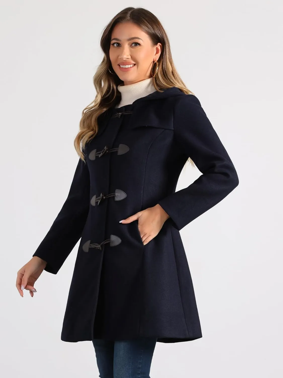 Allegra K Women's Winter Overcoat Mid-thigh Hooded Toggle Duffle Long Coat