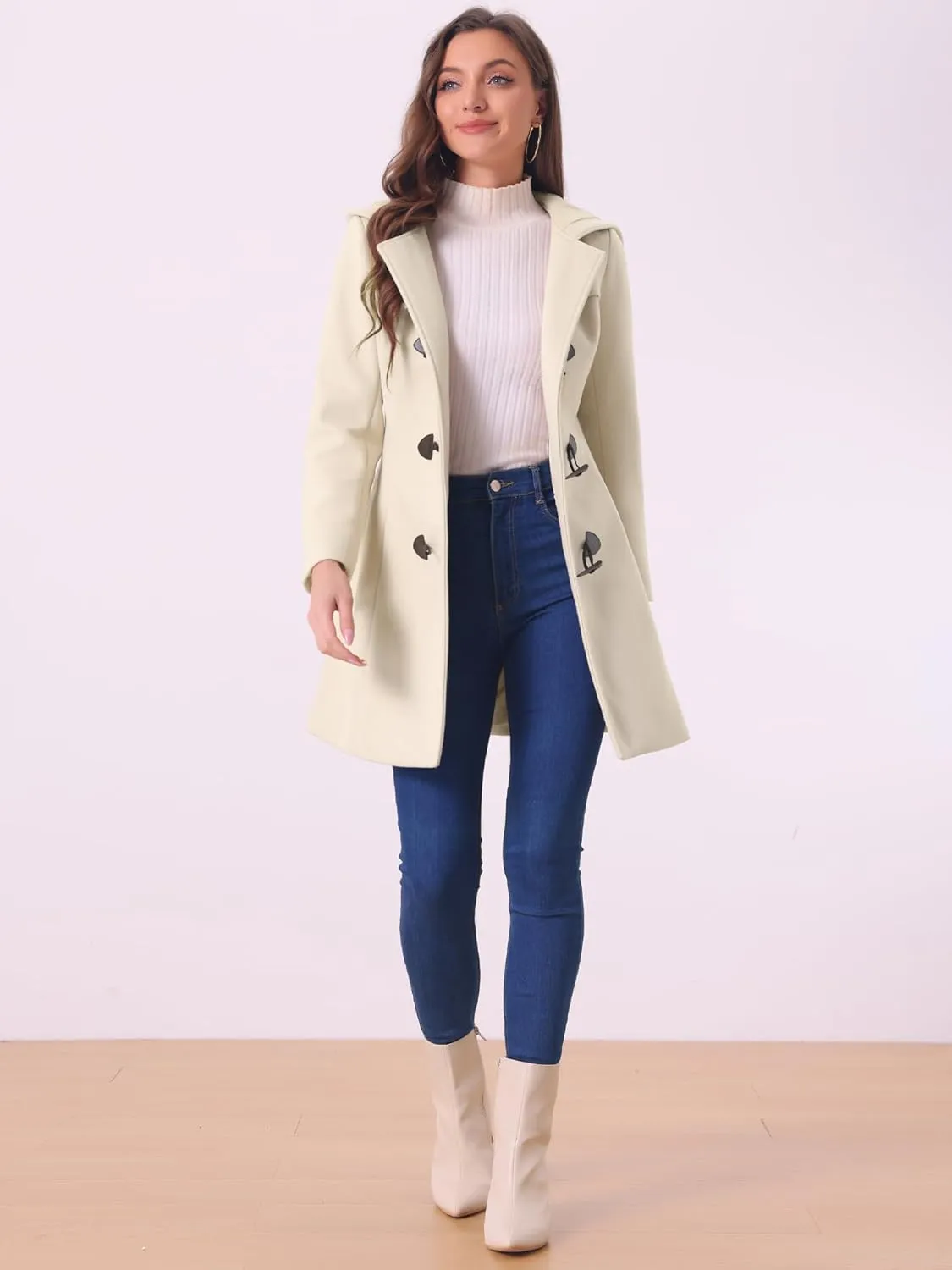 Allegra K Women's Winter Overcoat Mid-thigh Hooded Toggle Duffle Long Coat