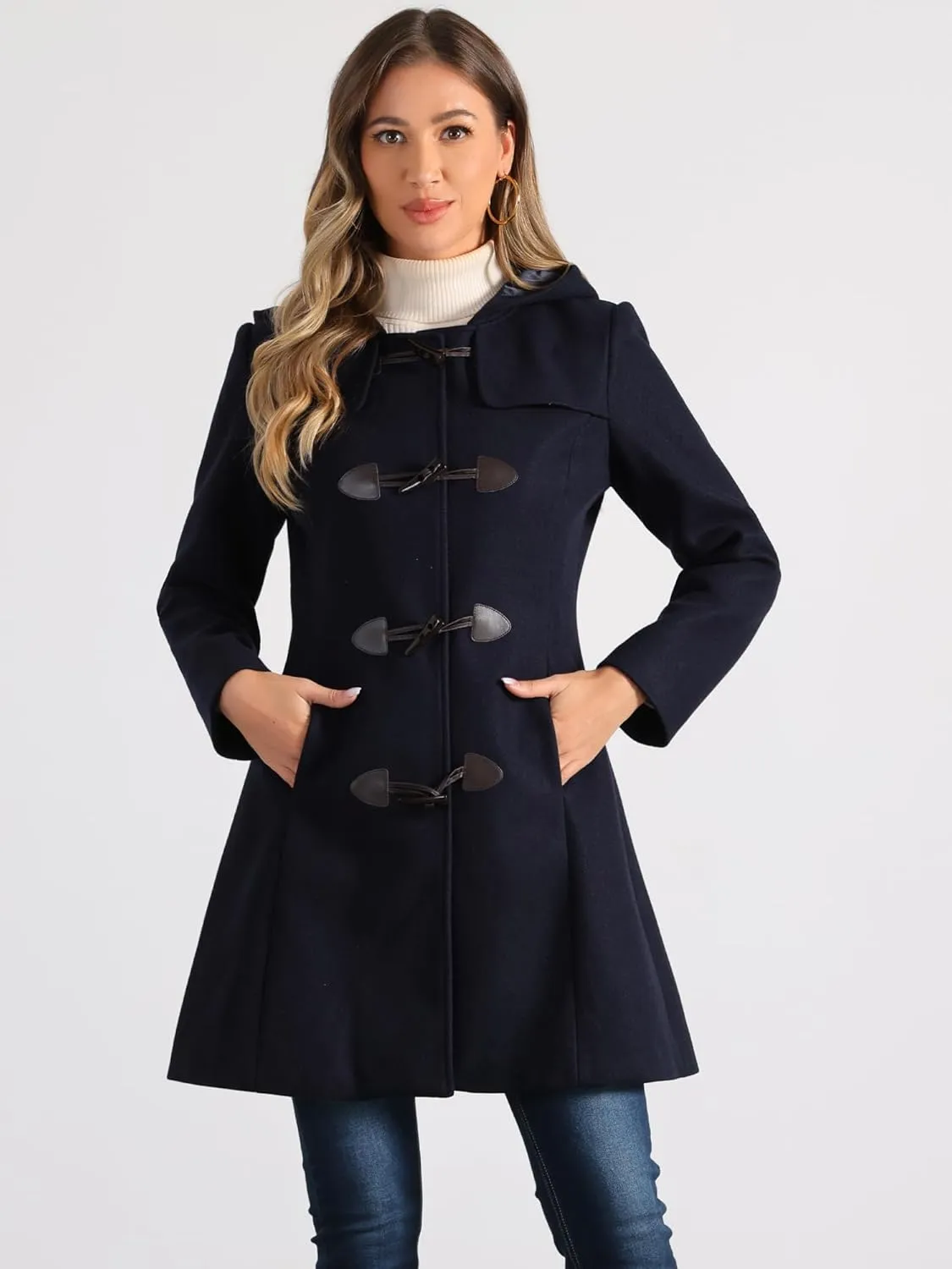 Allegra K Women's Winter Overcoat Mid-thigh Hooded Toggle Duffle Long Coat