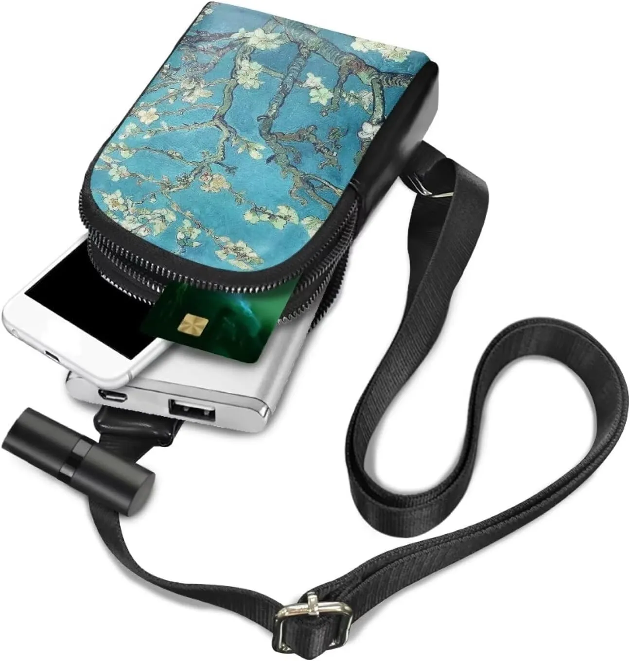 Almond Blossom Sling Bag Crossbody Shoulder Bag with Adjustable Strap, Van Gogh Painting Flowers Sling Daypack Fanny Pack PU Leather Chest Bag Travel