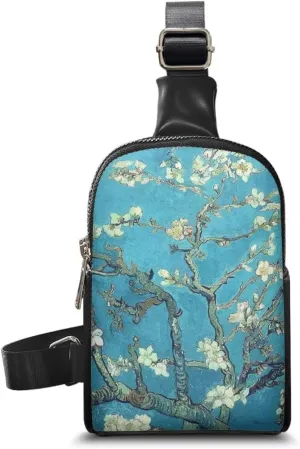 Almond Blossom Sling Bag Crossbody Shoulder Bag with Adjustable Strap, Van Gogh Painting Flowers Sling Daypack Fanny Pack PU Leather Chest Bag Travel