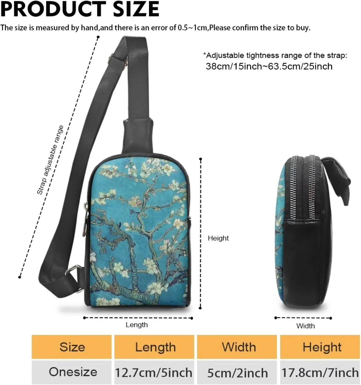 Almond Blossom Sling Bag Crossbody Shoulder Bag with Adjustable Strap, Van Gogh Painting Flowers Sling Daypack Fanny Pack PU Leather Chest Bag Travel