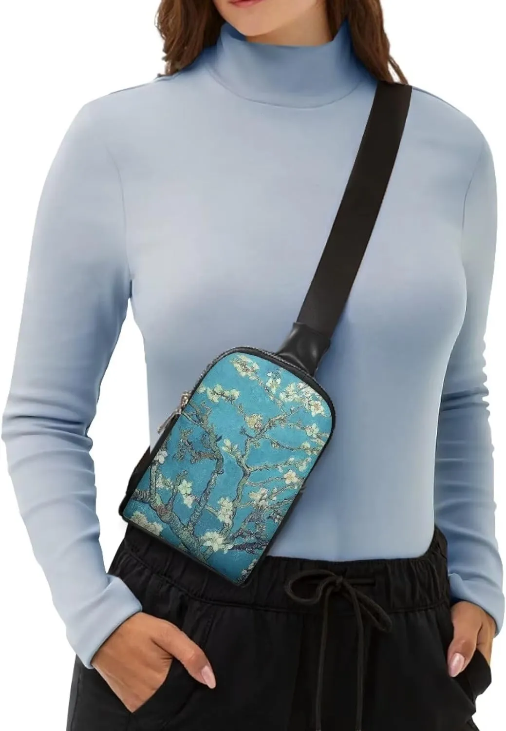 Almond Blossom Sling Bag Crossbody Shoulder Bag with Adjustable Strap, Van Gogh Painting Flowers Sling Daypack Fanny Pack PU Leather Chest Bag Travel