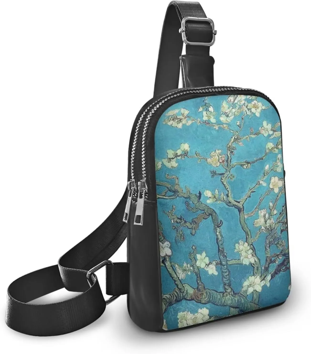Almond Blossom Sling Bag Crossbody Shoulder Bag with Adjustable Strap, Van Gogh Painting Flowers Sling Daypack Fanny Pack PU Leather Chest Bag Travel