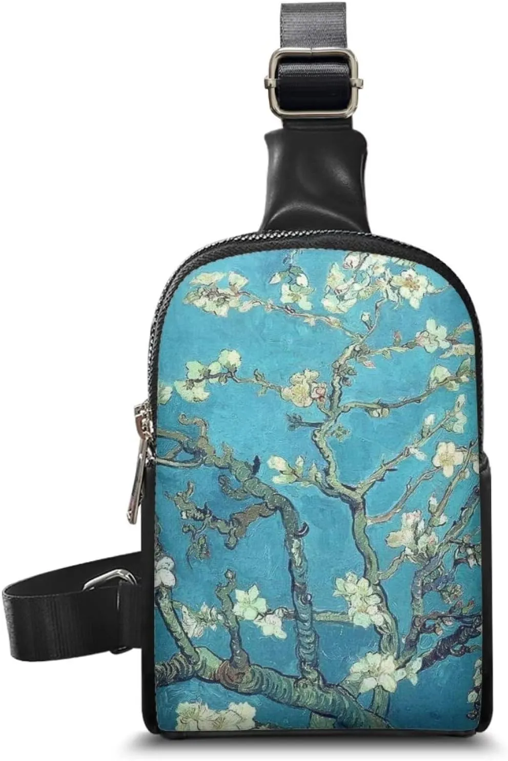 Almond Blossom Sling Bag Crossbody Shoulder Bag with Adjustable Strap, Van Gogh Painting Flowers Sling Daypack Fanny Pack PU Leather Chest Bag Travel