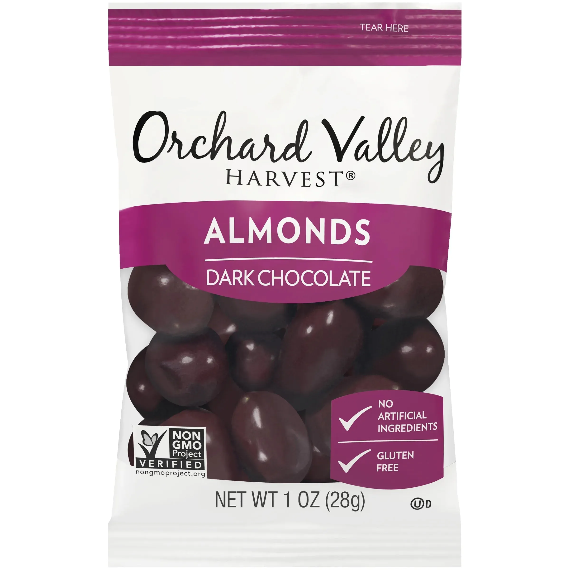 Almonds covered in Dark Chocolate by Orchard Valley - individual 1oz. Bags