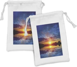 Ambesonne Lake Fabric Pouch Set of 2, Dreamy Sunset Scenery with Reflection on the Lake Dramatic Dusk Twilight, Small Drawstring Bag for Toiletries Masks and Favors, 9" x 6", Blue Pale Orange Yellow