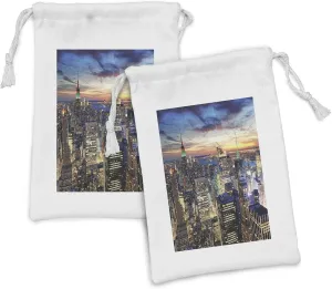 Ambesonne New York Fabric Pouch Set of 2, Skyline of NYC Urban Skyscrapers at Sunset Dawn Streets USA Architecture, Small Drawstring Bag for Toiletries Masks and Favors, 9" x 6", Orange Blue