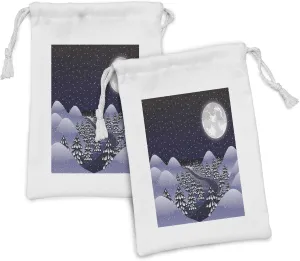 Ambesonne Northwoods Fabric Pouch Set of 2, Snowfall at Midnight Spruce Pine Trees Among the Hills Dark Forest, Small Drawstring Bag for Toiletries Masks and Favors, 9" x 6", Indigo Lilac Pale Grey