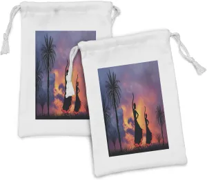 Ambesonne Spanish Fabric Pouch Set of 2, Silhouette of 2 Girls Dancing Flamenco with Dramatic Cloudy Sunset Sky Background, Small Drawstring Bag for Toiletries Masks and Favors, 9" x 6", Multicolor