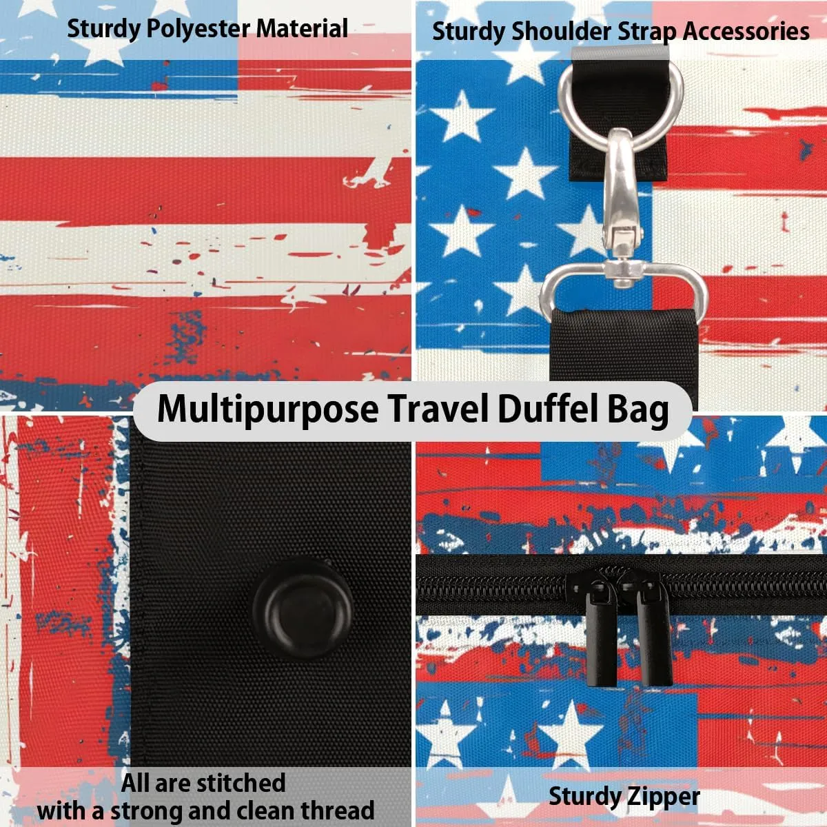American Flag 4 Of July Travel Duffle Bag, Sports Gym Bags for Women Men, Carry On Weekender Overnight Workout Airplane Trips Bag