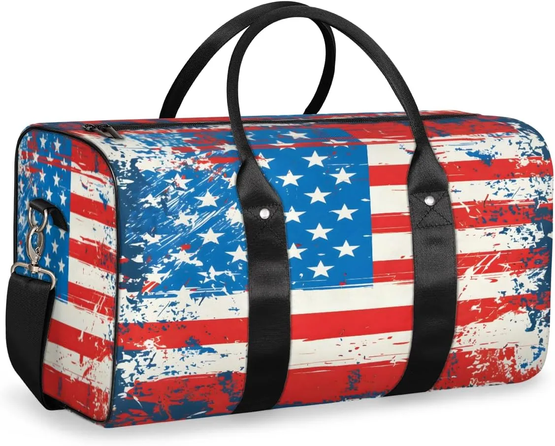 American Flag 4 Of July Travel Duffle Bag, Sports Gym Bags for Women Men, Carry On Weekender Overnight Workout Airplane Trips Bag