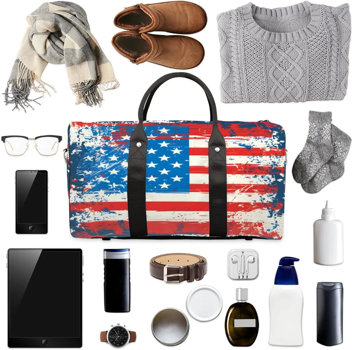 American Flag 4 Of July Travel Duffle Bag, Sports Gym Bags for Women Men, Carry On Weekender Overnight Workout Airplane Trips Bag