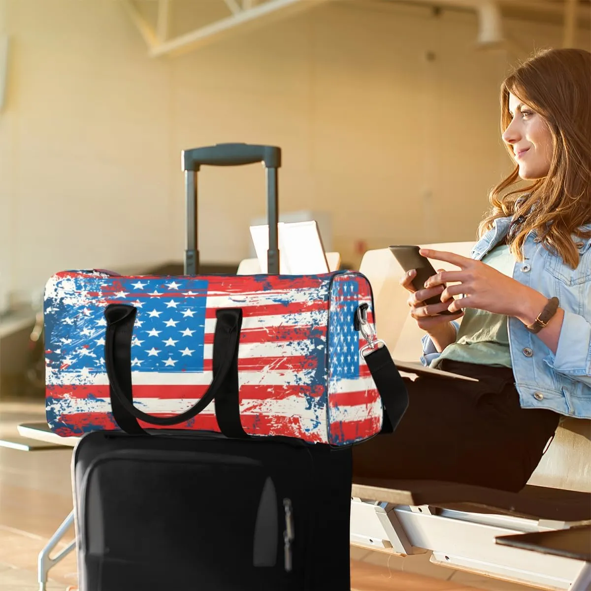 American Flag 4 Of July Travel Duffle Bag, Sports Gym Bags for Women Men, Carry On Weekender Overnight Workout Airplane Trips Bag