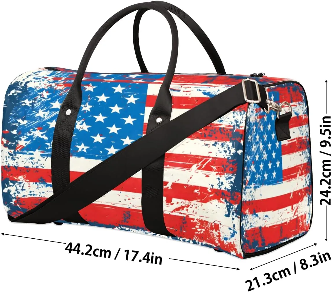 American Flag 4 Of July Travel Duffle Bag, Sports Gym Bags for Women Men, Carry On Weekender Overnight Workout Airplane Trips Bag