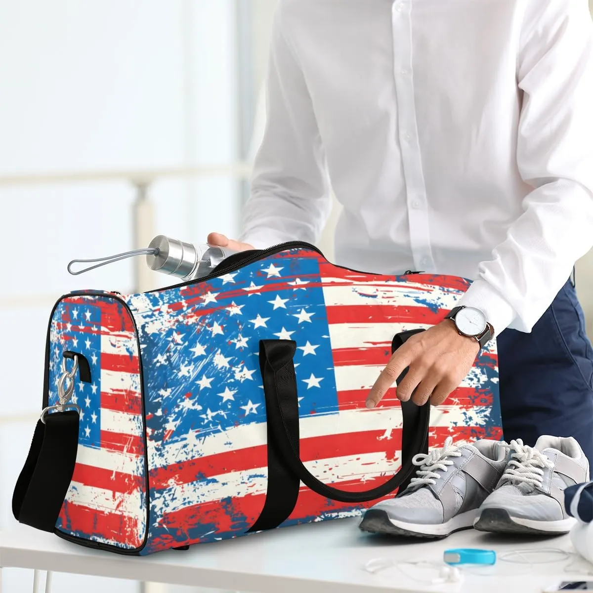 American Flag 4 Of July Travel Duffle Bag, Sports Gym Bags for Women Men, Carry On Weekender Overnight Workout Airplane Trips Bag