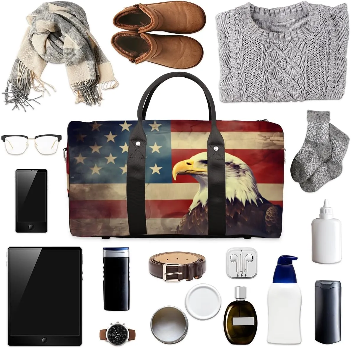 American Flag Eagles Travel Duffle Bag, Sports Gym Bags for Women Men, Carry On Weekender Overnight Bag, Patriotic USA Flag Workout Hospital Airplane Trips Bag