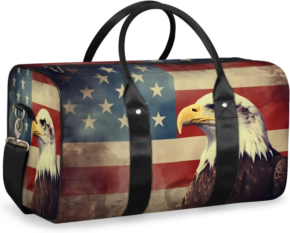 American Flag Eagles Travel Duffle Bag, Sports Gym Bags for Women Men, Carry On Weekender Overnight Bag, Patriotic USA Flag Workout Hospital Airplane Trips Bag