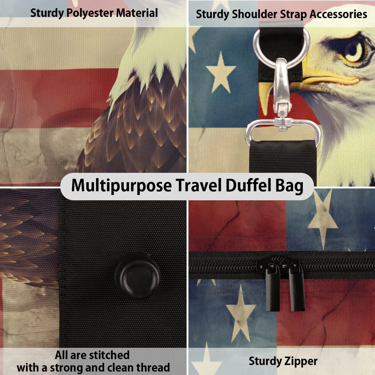 American Flag Eagles Travel Duffle Bag, Sports Gym Bags for Women Men, Carry On Weekender Overnight Bag, Patriotic USA Flag Workout Hospital Airplane Trips Bag
