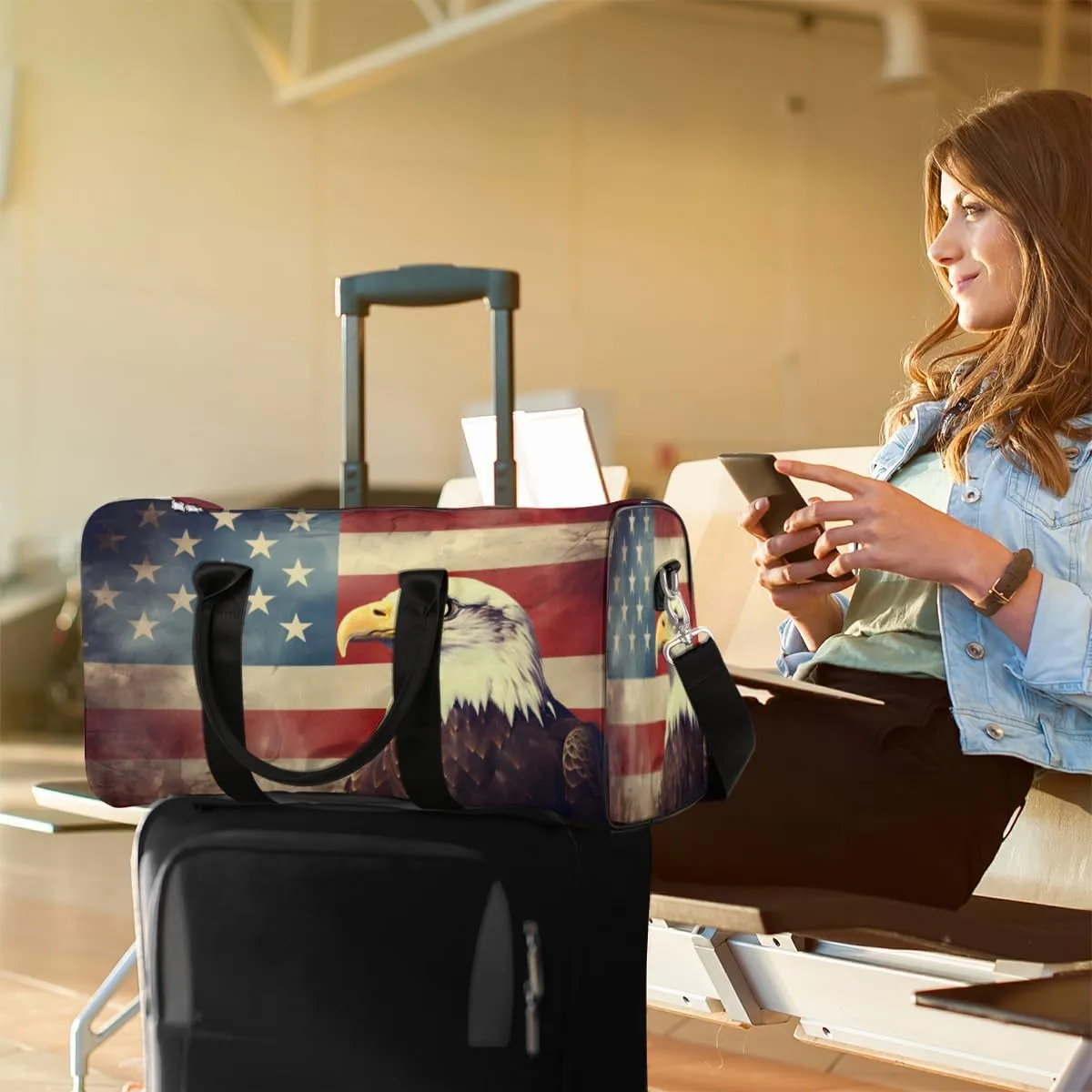American Flag Eagles Travel Duffle Bag, Sports Gym Bags for Women Men, Carry On Weekender Overnight Bag, Patriotic USA Flag Workout Hospital Airplane Trips Bag