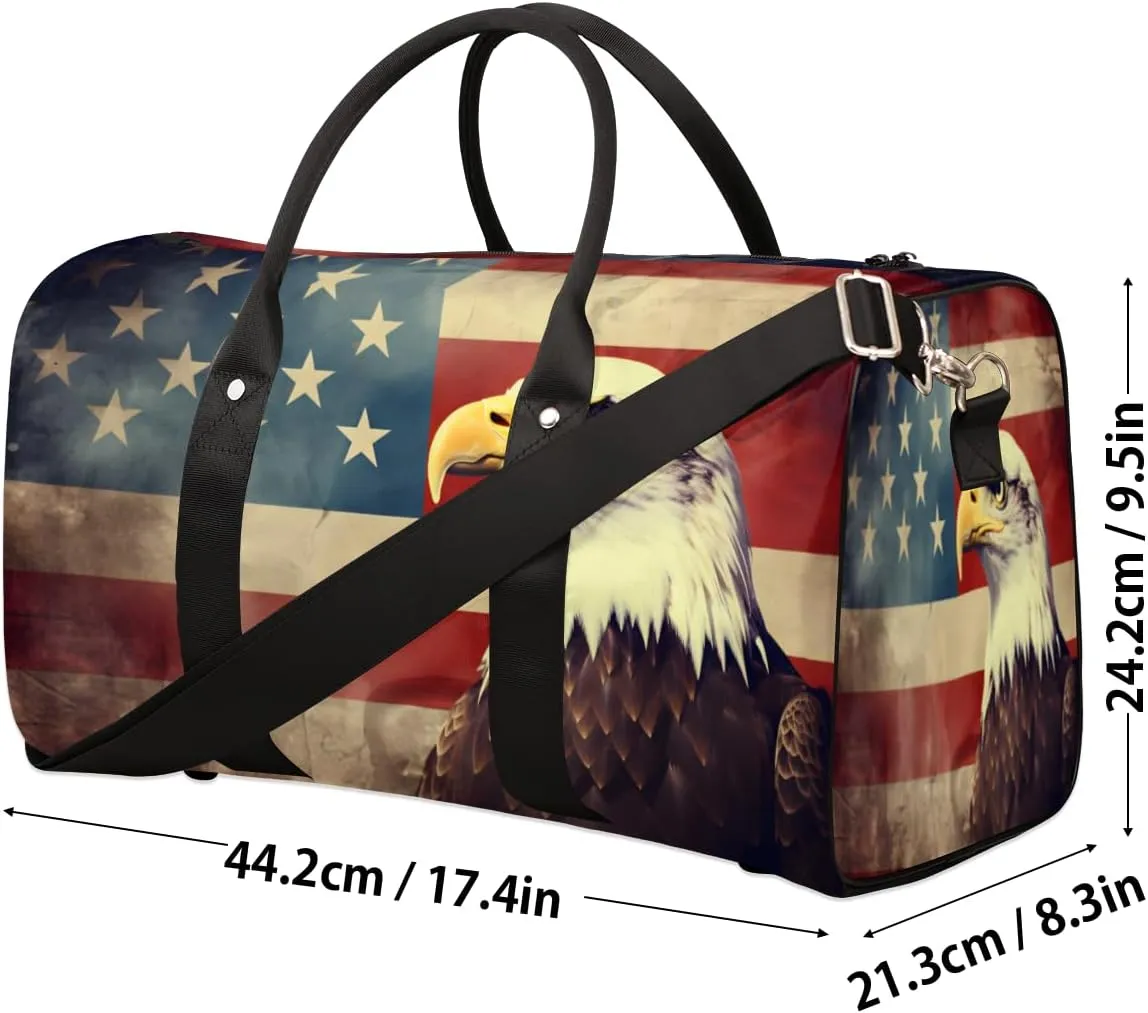 American Flag Eagles Travel Duffle Bag, Sports Gym Bags for Women Men, Carry On Weekender Overnight Bag, Patriotic USA Flag Workout Hospital Airplane Trips Bag