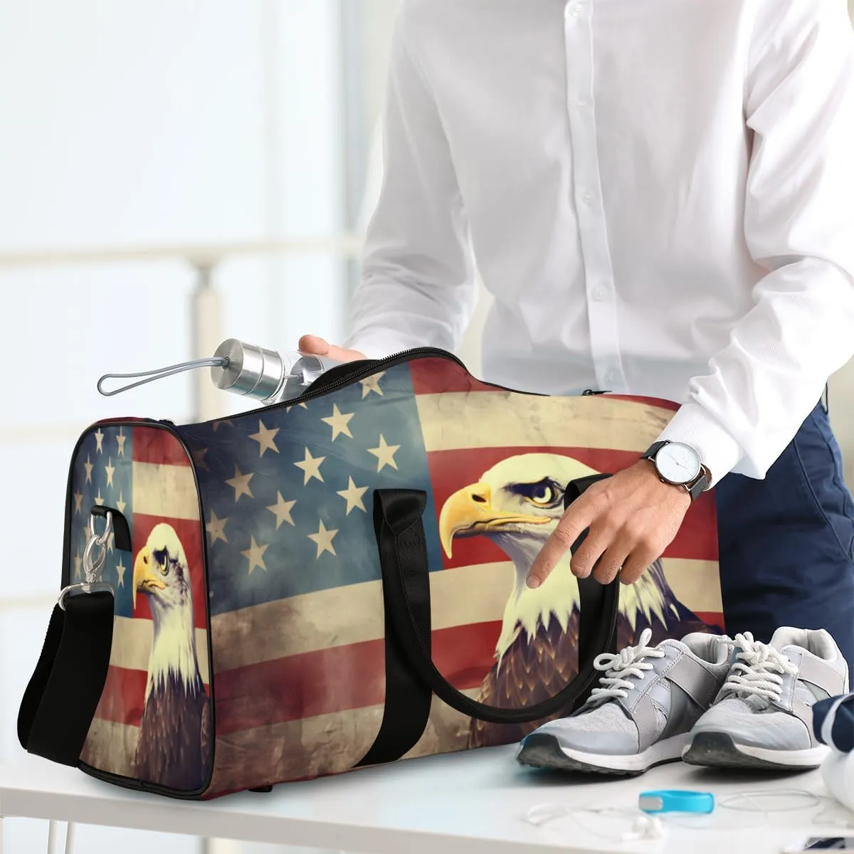 American Flag Eagles Travel Duffle Bag, Sports Gym Bags for Women Men, Carry On Weekender Overnight Bag, Patriotic USA Flag Workout Hospital Airplane Trips Bag