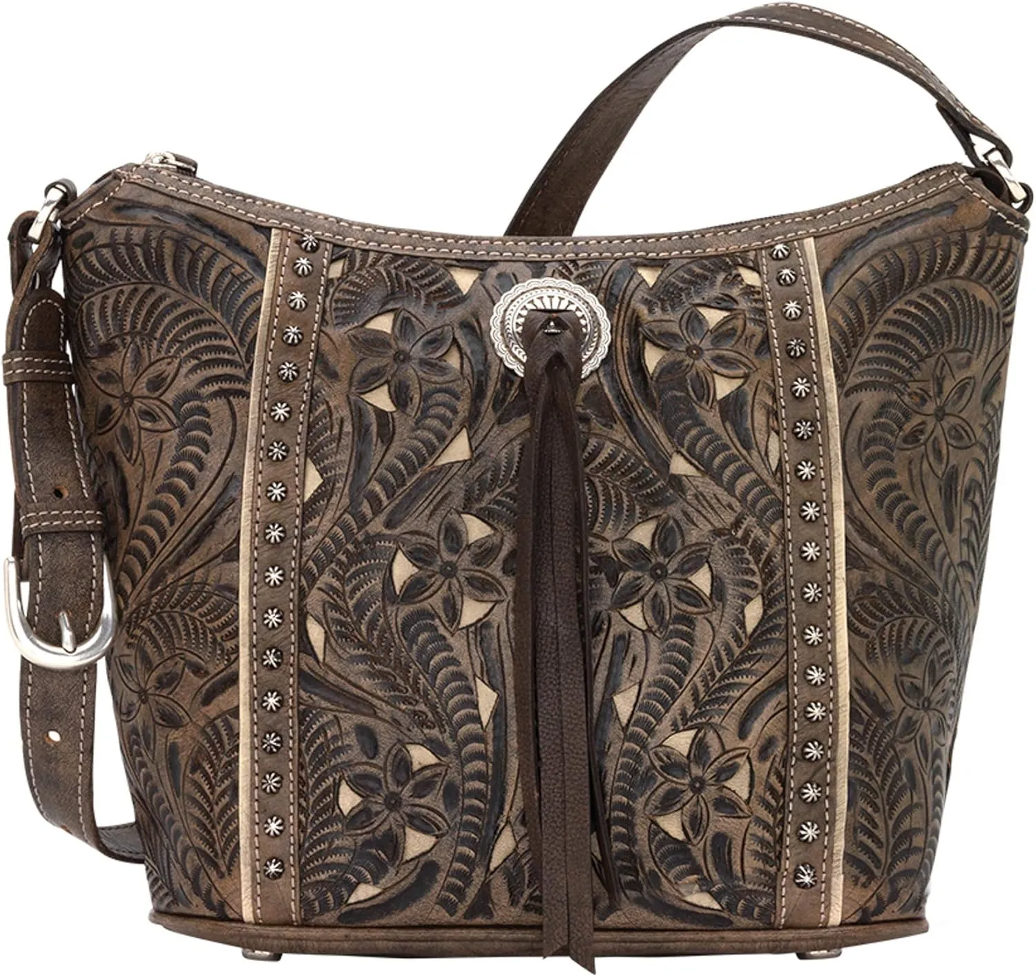 American West Hill Country Zip Top Bucket Tote - Genuine Leather Handbag for Women