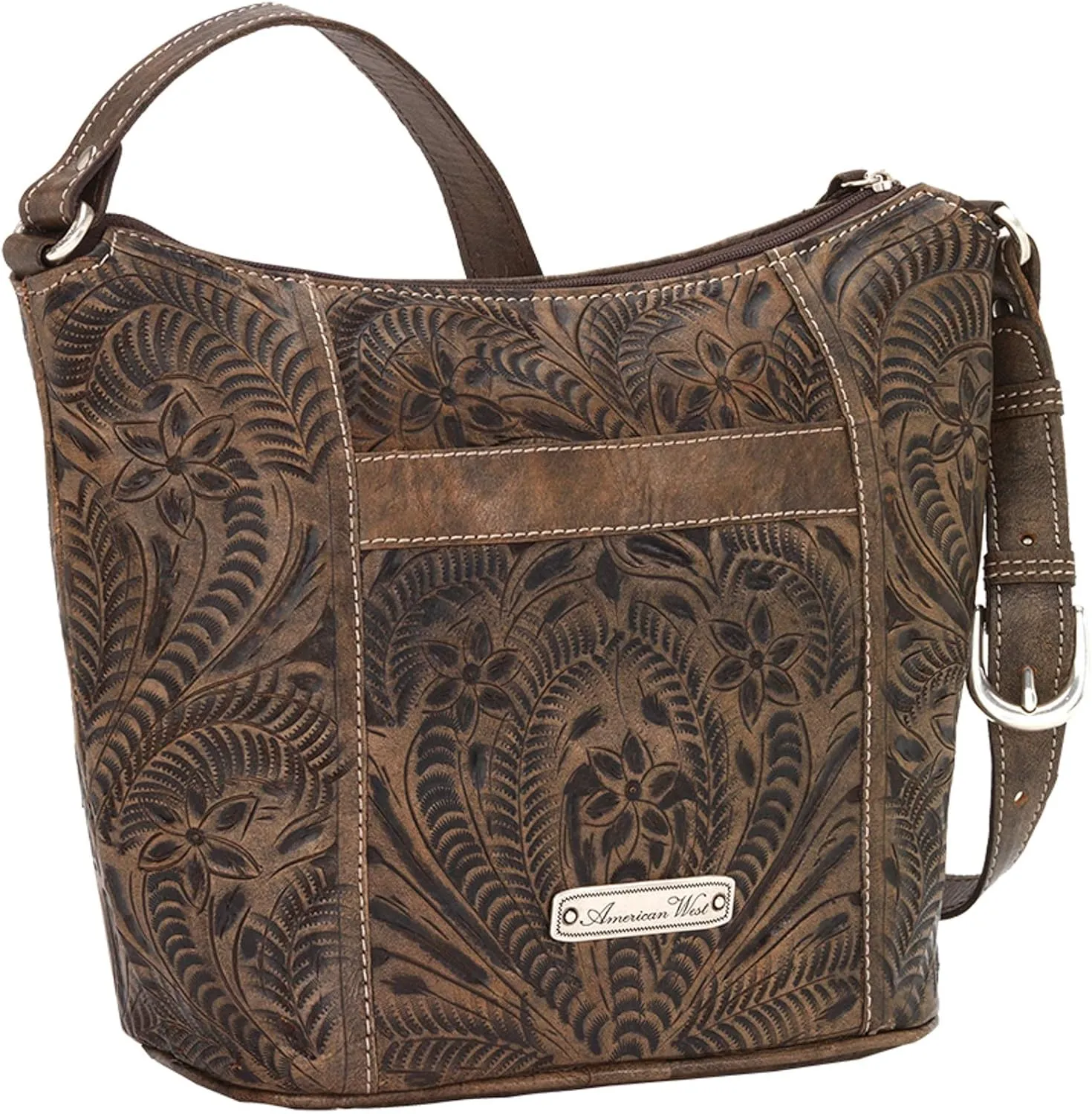 American West Hill Country Zip Top Bucket Tote - Genuine Leather Handbag for Women