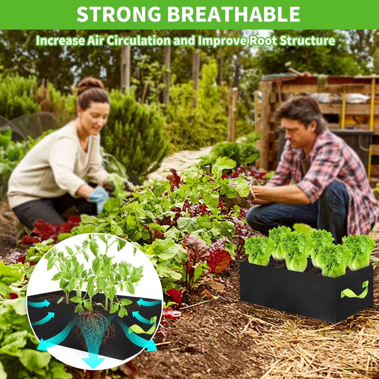 ANGELIOX 2Pcs Grow Bags, 3-Grids Rectangle Grow Bag,14 Gallon Thickened 400G Fabric Garden Bed, Nonwoven Square Flower Planter Containers for Flowers,Vegetable,Fruit, Growing Pots with Handles