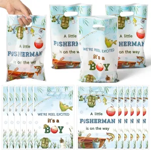 ANGOLIO 50Pcs Watercolour Gone Fishing Party Favor Bags, A Little Fisherman Is On The Way Goody Candy Treat Gifts Bags, Baby Shower for Birthday Gender Reveal Outdoor Party Events Supplies