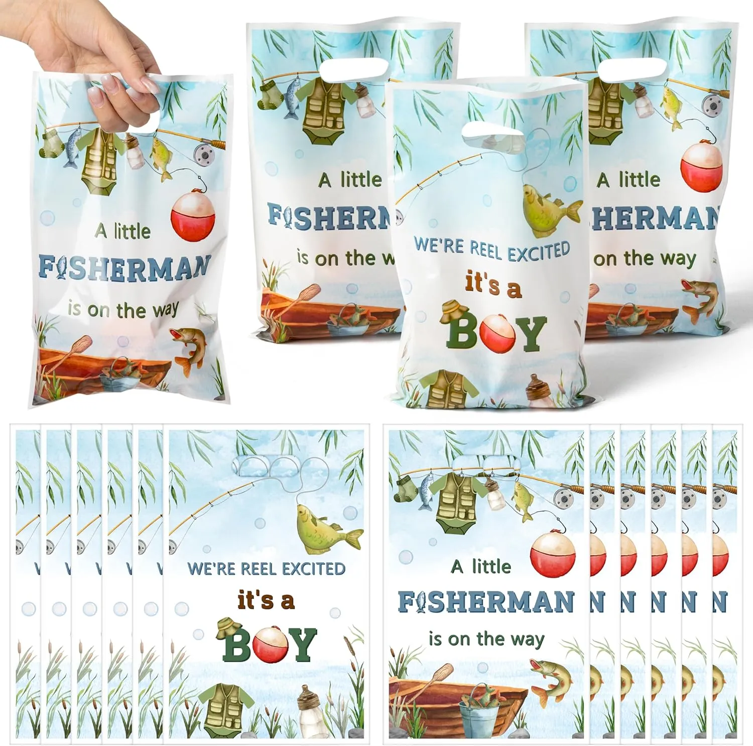 ANGOLIO 50Pcs Watercolour Gone Fishing Party Favor Bags, A Little Fisherman Is On The Way Goody Candy Treat Gifts Bags, Baby Shower for Birthday Gender Reveal Outdoor Party Events Supplies