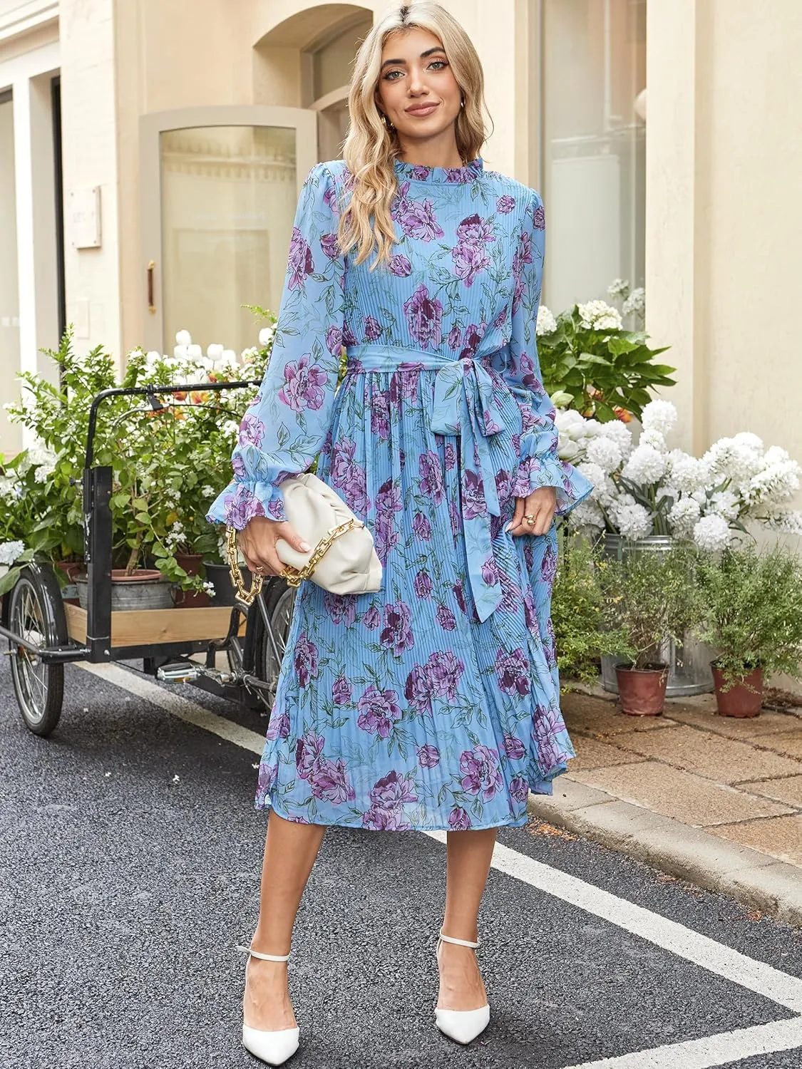 ANRABESS Women's Floral Midi Dress Puff Long Sleeve Casual Ruffle Chiffon A-Line Swing Pleated Belted Tea Party Dresses
