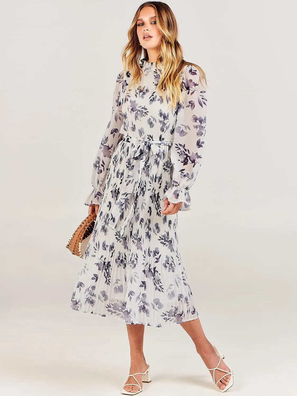 ANRABESS Women's Floral Midi Dress Puff Long Sleeve Casual Ruffle Chiffon A-Line Swing Pleated Belted Tea Party Dresses