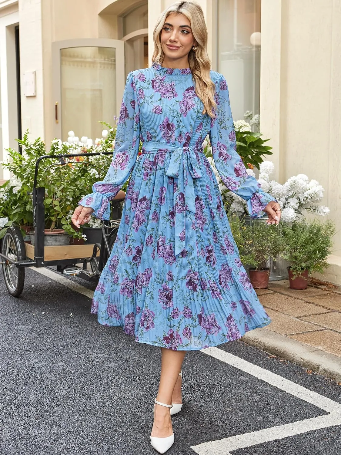 ANRABESS Women's Floral Midi Dress Puff Long Sleeve Casual Ruffle Chiffon A-Line Swing Pleated Belted Tea Party Dresses
