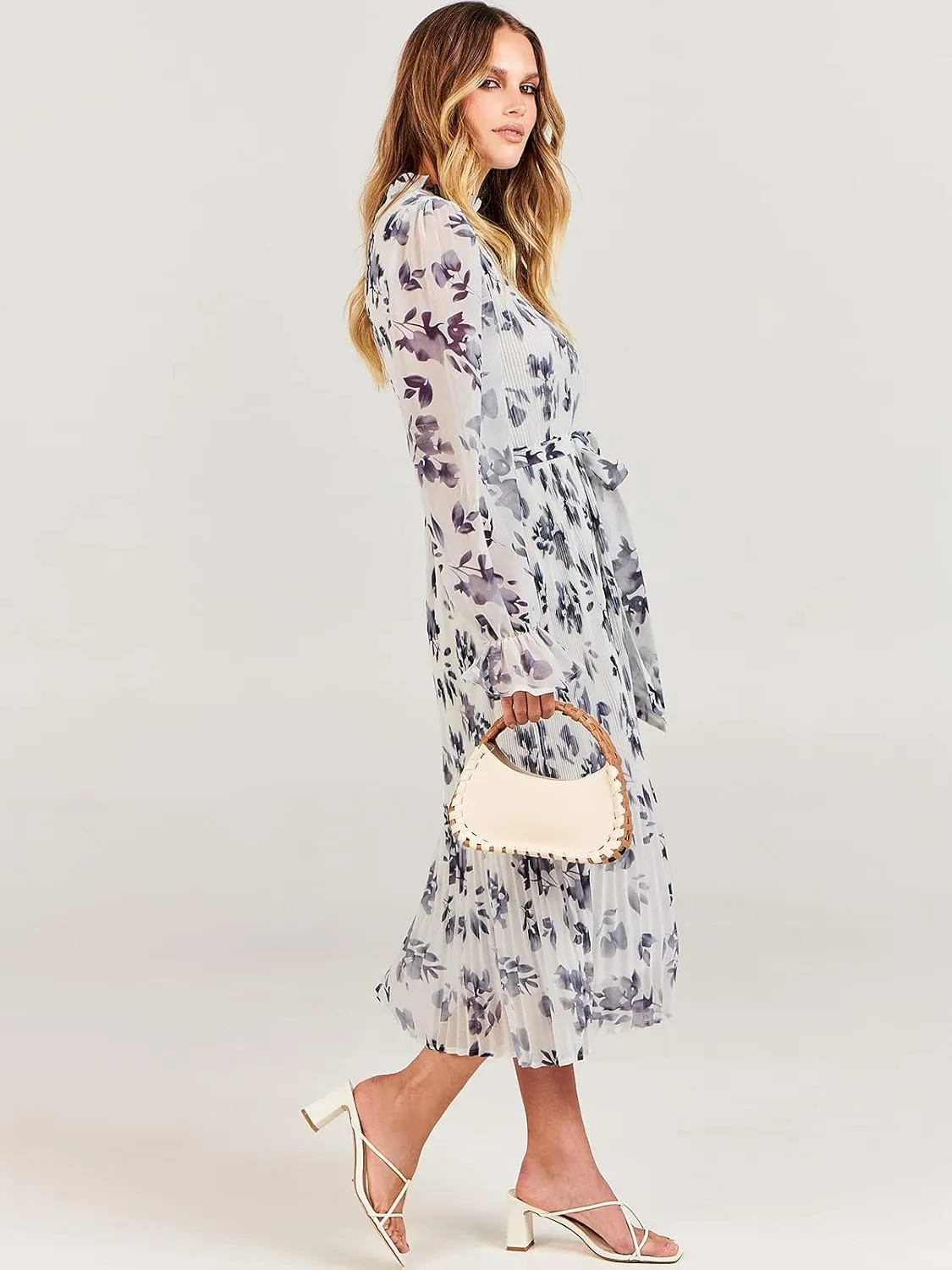 ANRABESS Women's Floral Midi Dress Puff Long Sleeve Casual Ruffle Chiffon A-Line Swing Pleated Belted Tea Party Dresses