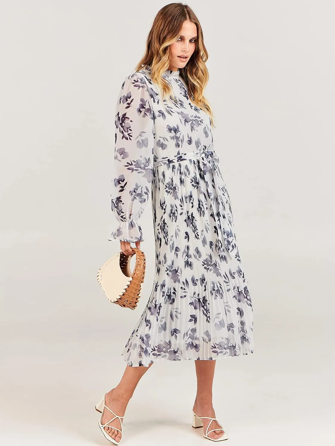 ANRABESS Women's Floral Midi Dress Puff Long Sleeve Casual Ruffle Chiffon A-Line Swing Pleated Belted Tea Party Dresses