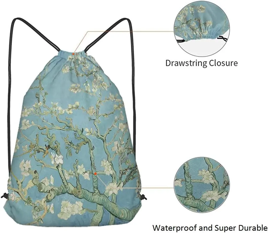 Apricot Blossom Drawstring Bags Backpack Bag Van Gogh Blooming Flowers Spring Branch Romantic Style Elegant Painting Sport Gym Sack Drawstring Bag String Bag Yoga Bag for Men Women